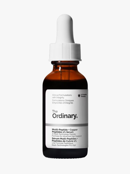 The Ordinary Multi-Peptide + Copper Peptides 1% Serum in branded dropper component on a light gray background